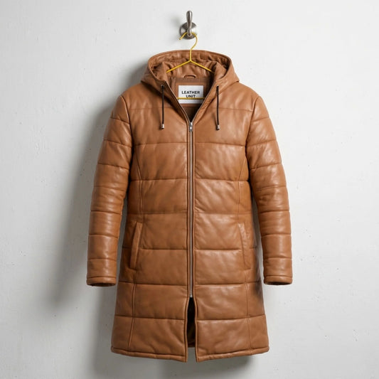 Men's Tan Hooded Leather Puffer Coat front view - Genuine Sheepskin by Leather Unit
