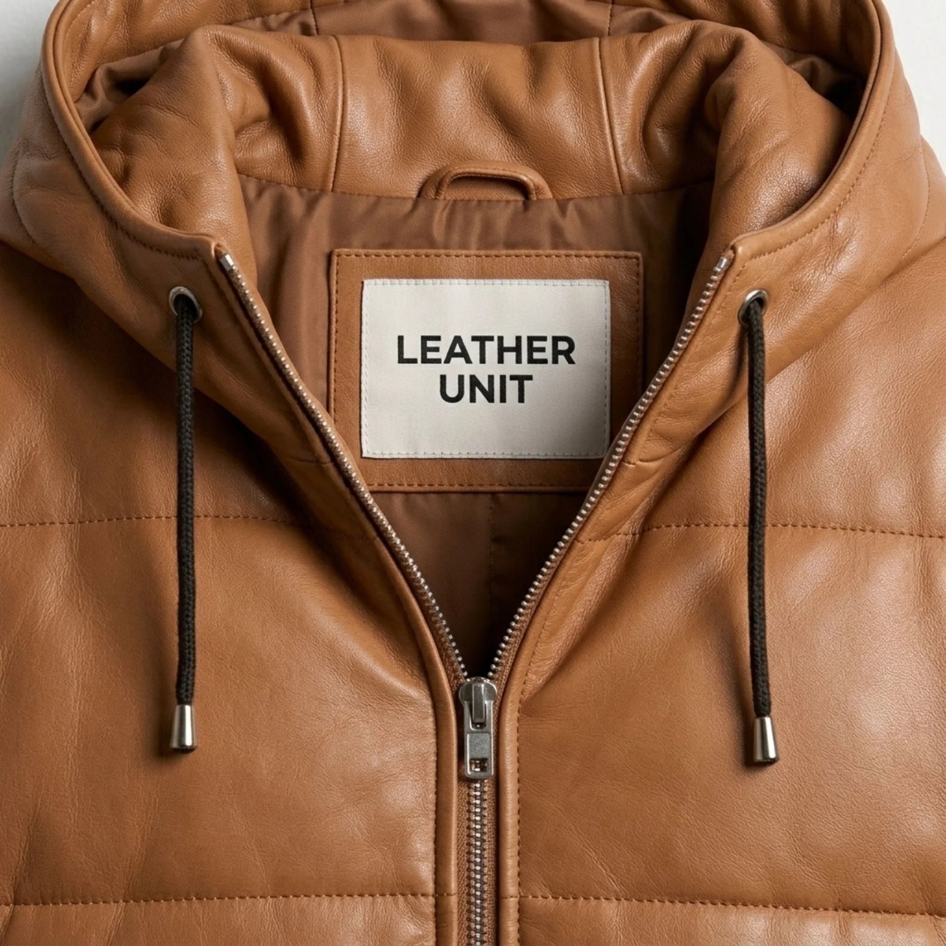 Close-up of hood and Leather Unit branding on tan leather puffer coat