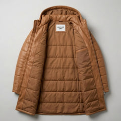 Inside view of Tan Leather Puffer Coat with premium lining and Leather Unit tag