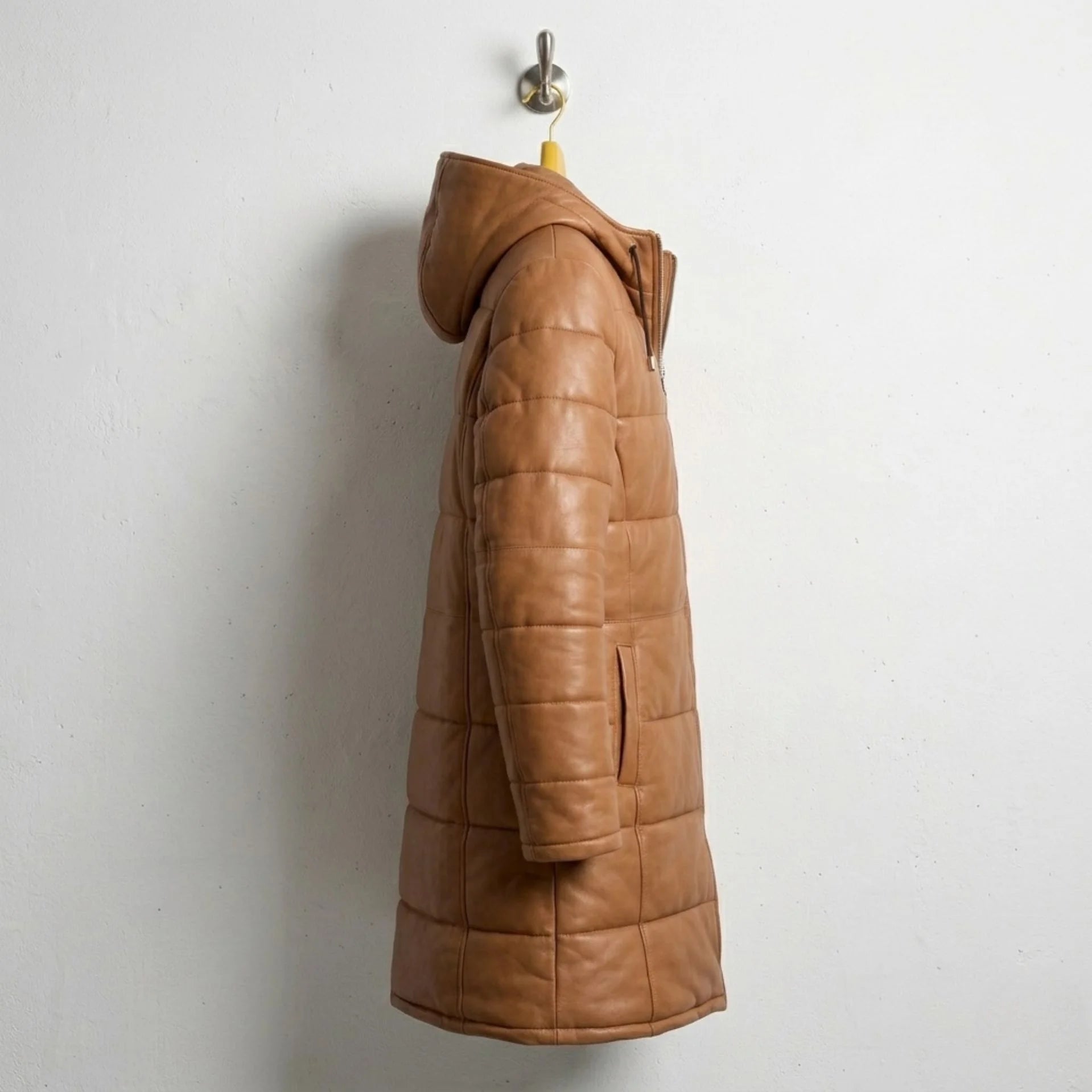Side profile of Men's Tan Hooded Real Leather Puffer Coat