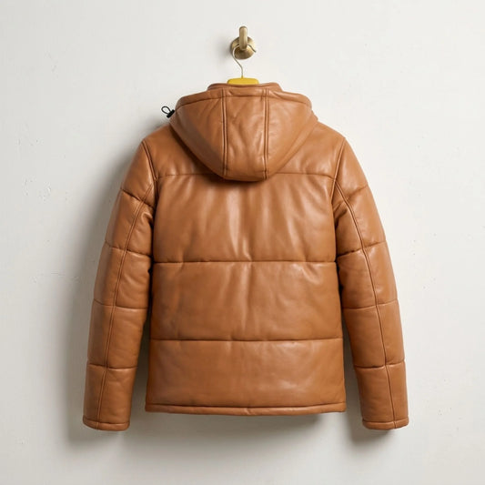 Tan Hooded Real Leather Puffer Jacket back view showing quilted design - Leather Unit