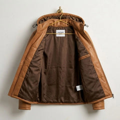 Interior view of Tan Leather Puffer Jacket with premium lining and Leather Unit tag