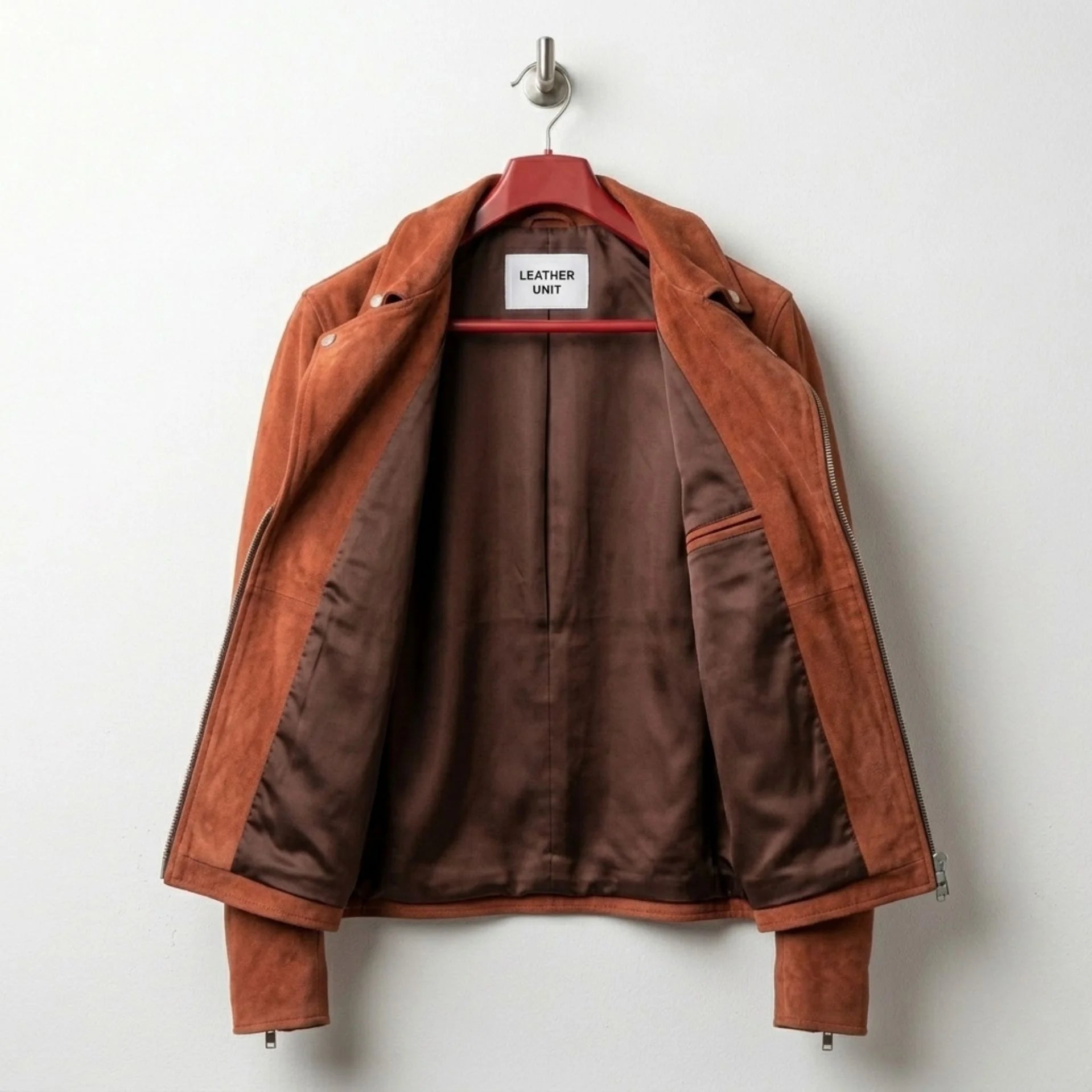 Interior lining of tan suede biker jacket showing brown lining and inner pocket
