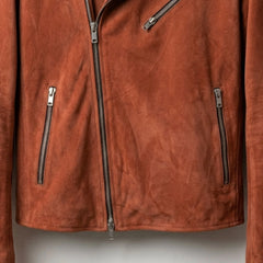 Front zip and pocket hardware detail on tan zipped suede biker jacket