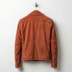 Back view of tan suede motorcycle jacket with zip cuffs