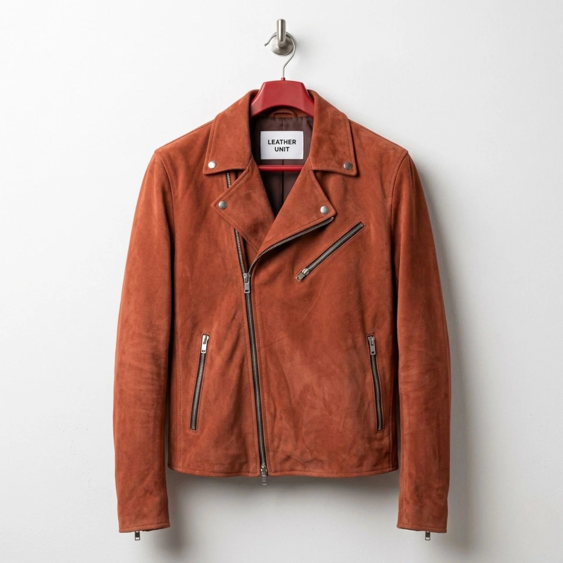 Leather Unit tan suede biker jacket for men front view on hanger
