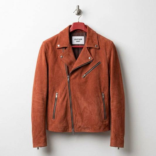 Leather Unit tan suede biker jacket for men front view on hanger