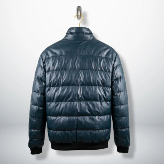 Teal Leather Puffer Bomber Jacket back view showing quilted design - Leather Unit