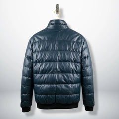 Teal Leather Puffer Bomber Jacket back view showing quilted design - Leather Unit
