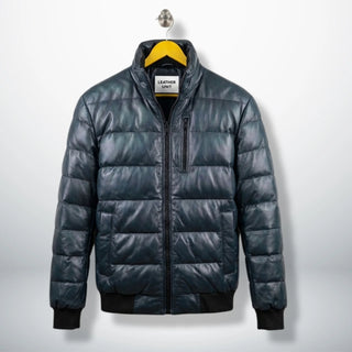 Men's Teal Leather Puffer Bomber Jacket front view - Genuine Lambskin by Leather Unit