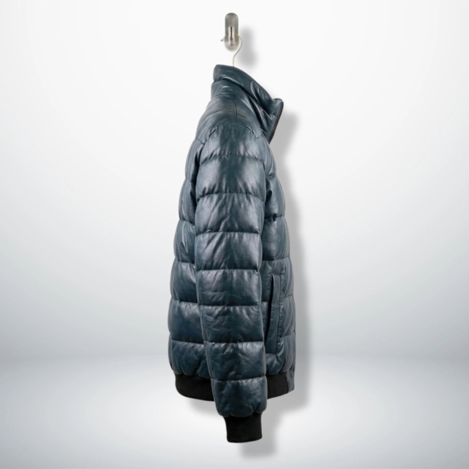 Side profile of Men's Teal Lambskin Puffer Bomber Jacket