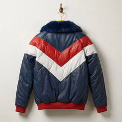Back view of Two-Tone Leather Puffer Jacket with Chevron Quilting - Leather Unit