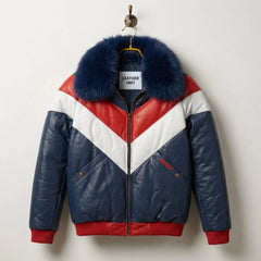 Men's Two-Tone Leather Puffer Jacket with Fur Collar front view - Genuine Leather by Leather Unit