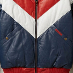 Close-up of functional pockets and heavy-duty zipper on two-tone leather puffer jacket