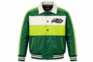 Front view of green leather varsity jacket with white and neon-lime panels, snap buttons and angled front pockets