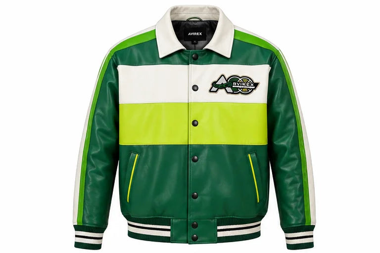 Front view of green leather varsity jacket with white and neon-lime panels, snap buttons and angled front pockets