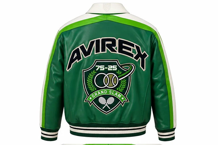 Back view of green leather varsity bomber featuring large sports-inspired graphic and striped ribbed waistband