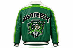 Back view of green leather varsity bomber featuring large sports-inspired graphic and striped ribbed waistband