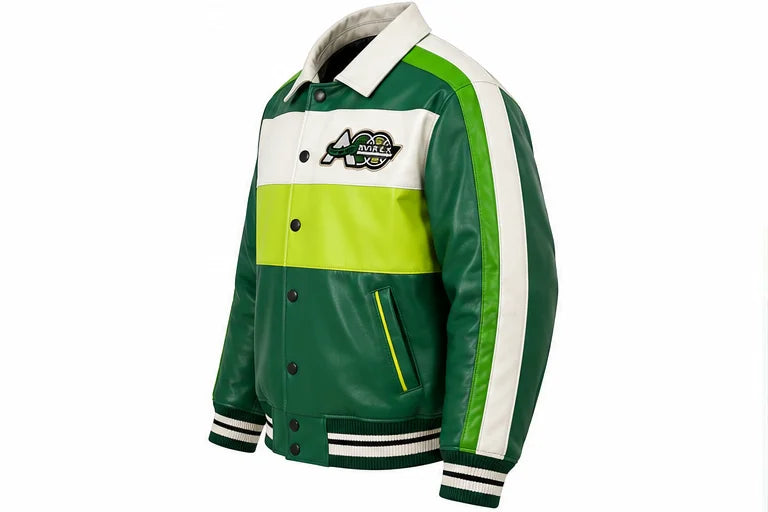 Three-quarter view of green colorblock leather jacket showing white collar, neon stripe and contrast pocket detailing