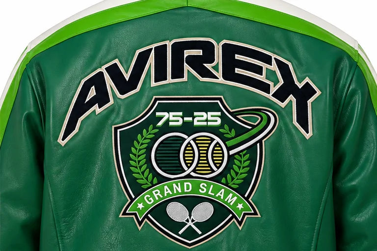 Close-up of green leather jacket back with oversized sports-inspired lettering, shield graphic and tennis motif