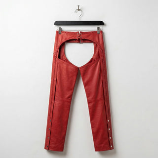 Back view of red leather chaps showing open seat and rear lacing