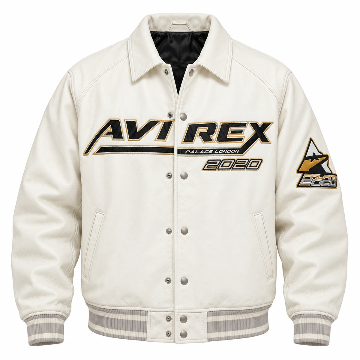 Front view of white graphic varsity bomber jacket with snap buttons, black gold chest artwork and side pockets