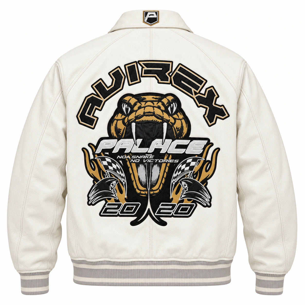 White varsity bomber jacket back view featuring large black and gold snake racing graphics and striped ribbed waistband