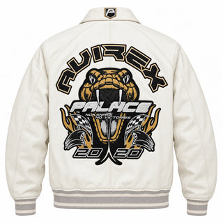 White varsity bomber jacket back view featuring large black and gold snake racing graphics and striped ribbed waistband