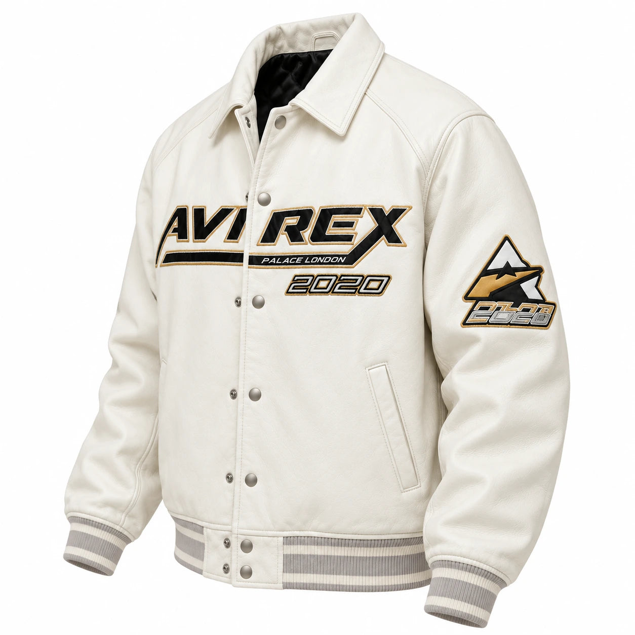 Three-quarter view of white racing varsity jacket showing shirt collar, graphic sleeve patch, ribbed hem and snap front