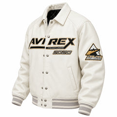 Three-quarter view of white racing varsity jacket showing shirt collar, graphic sleeve patch, ribbed hem and snap front