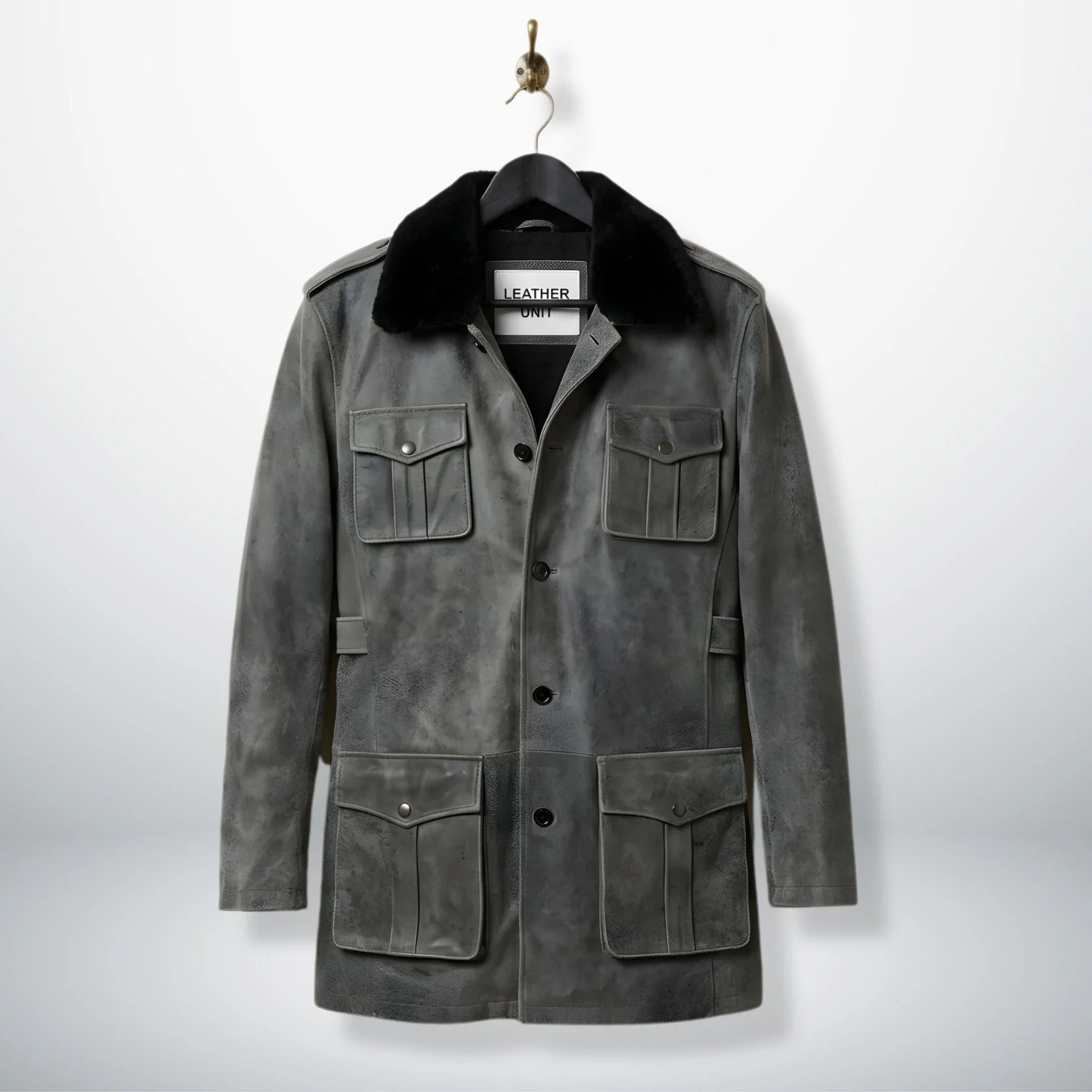 front view vintage grey leather coat for men with black shearling collar by Leather Unit.