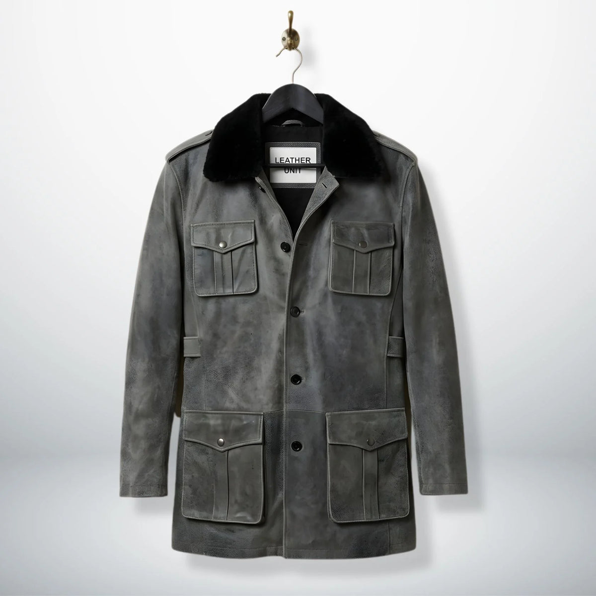 front view vintage grey leather coat for men with black shearling collar by Leather Unit.