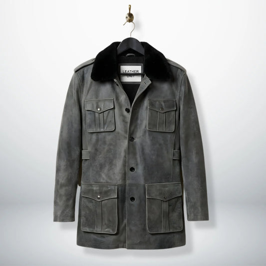 front view vintage grey leather coat for men with black shearling collar by Leather Unit.