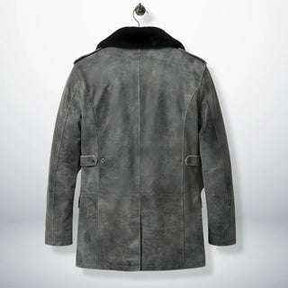 back view mens grey leather field coat with adjustable side tabs.