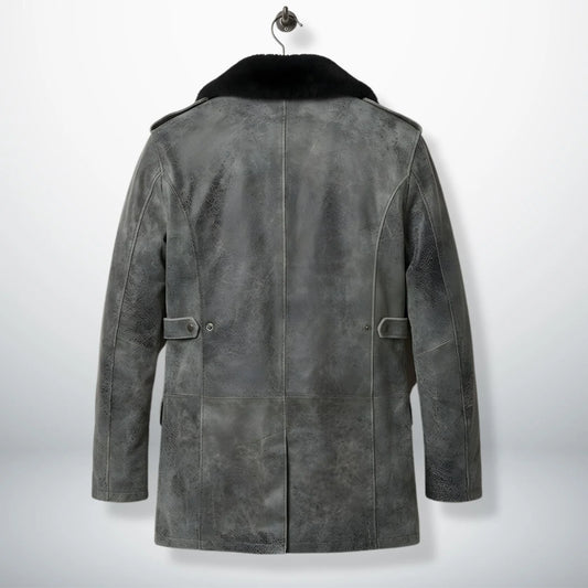 back view mens grey leather field coat with adjustable side tabs.