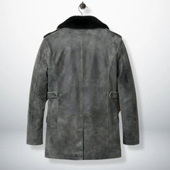 back view mens grey leather field coat with adjustable side tabs.