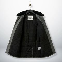inside view mens grey leather coat showing black quilted lining.