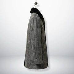 side profile mens vintage grey long leather jacket hanging on hook.
