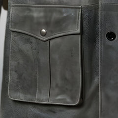 close up lower front flap pocket with snap on mens grey leather coat.