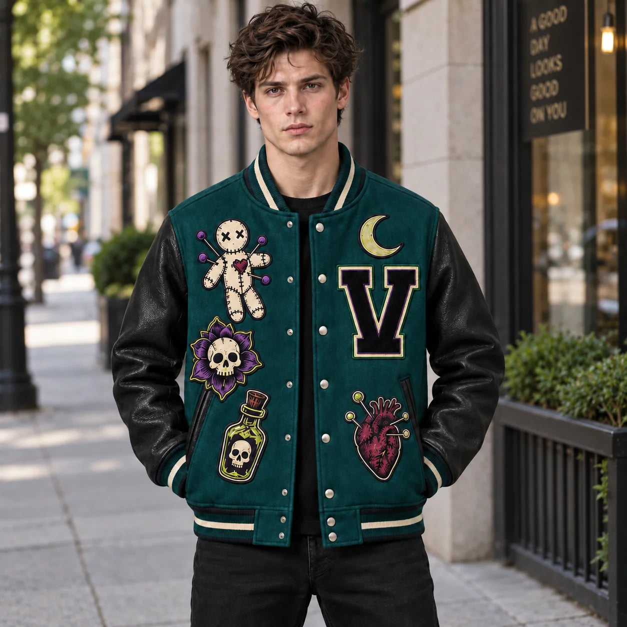 Model wearing deep teal Voodoo Bloom Halloween varsity jacket with black leather sleeves and gothic embroidered patches