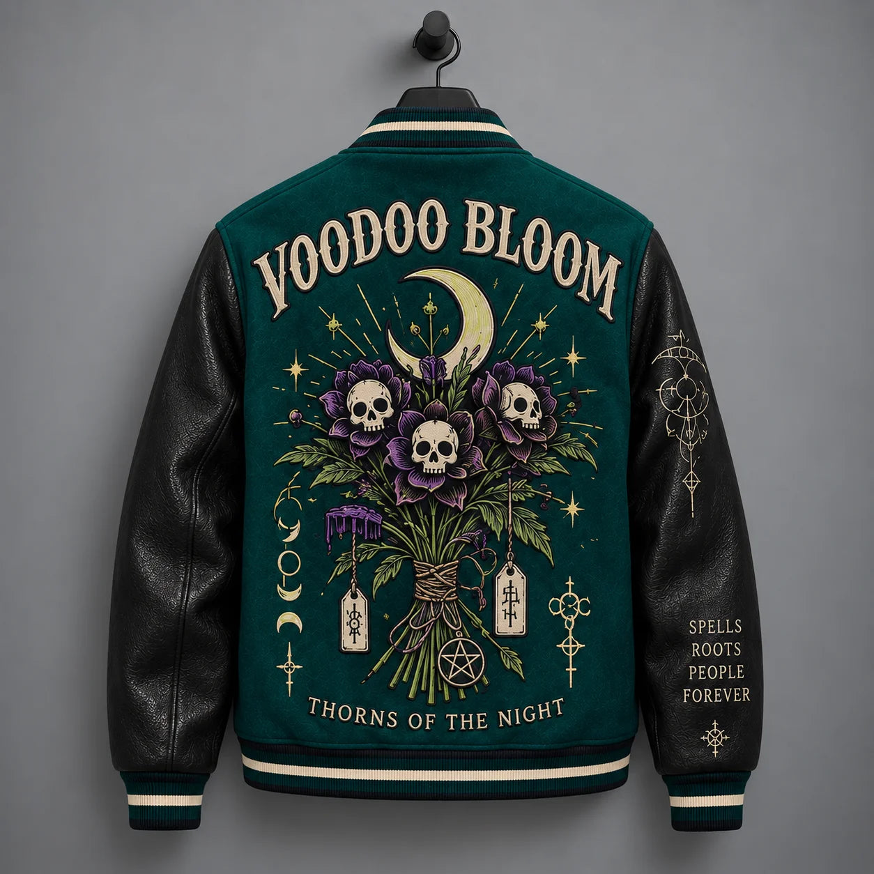 Back hanging view of gothic varsity jacket with Voodoo Bloom lettering, skull bouquet and crescent moon embroidery