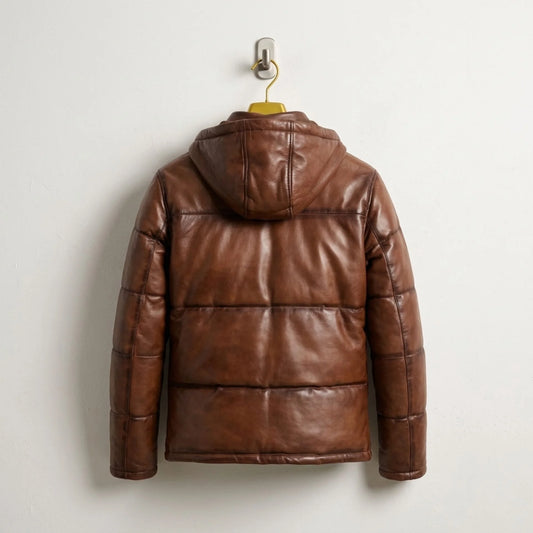 Waxed Brown Leather Puffer Jacket back view showing quilted design - Leather Unit