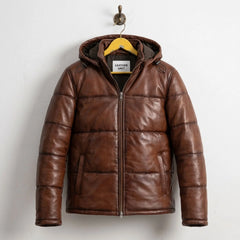 Men's Waxed Brown Hooded Leather Puffer Jacket front view - Genuine Sheepskin by Leather Unit