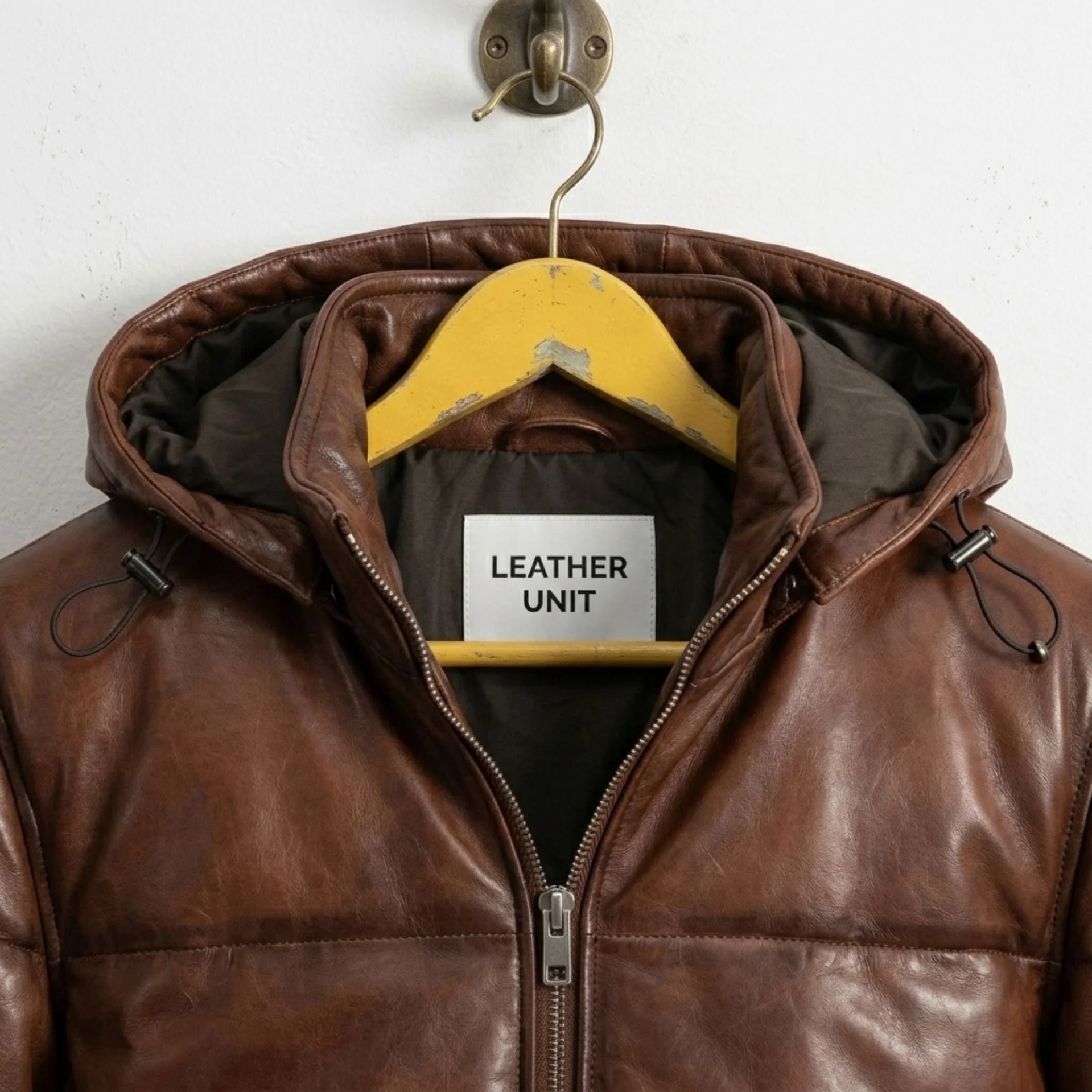 Close-up of hood and Leather Unit tag on waxed brown leather puffer jacket