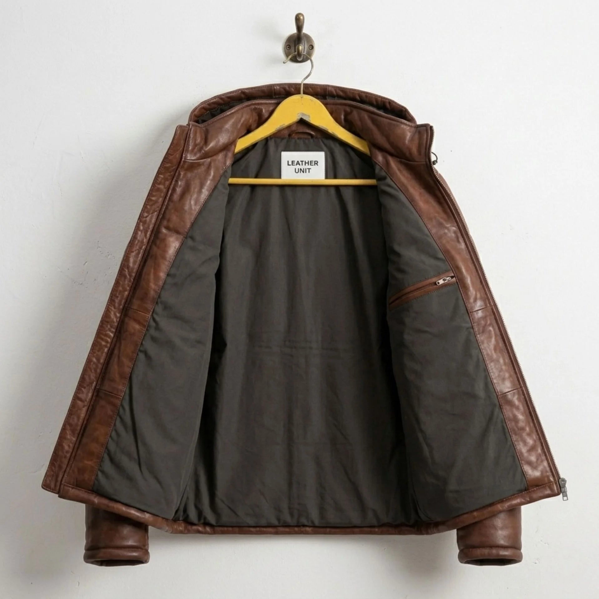 Interior of Waxed Brown Hooded Leather Puffer Jacket with Leather Unit branding