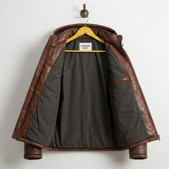 Interior of Waxed Brown Hooded Leather Puffer Jacket with Leather Unit branding