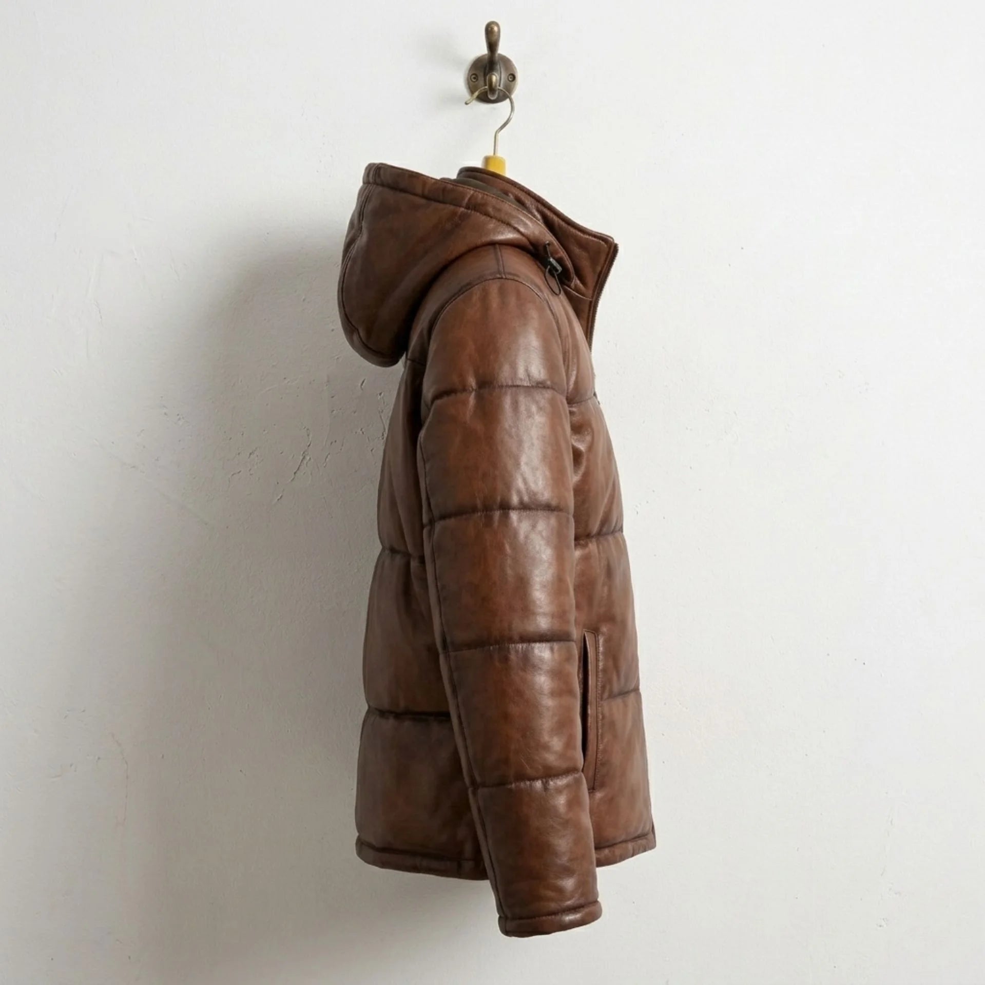 Side profile of Men's Waxed Brown Real Leather Puffer Jacket
