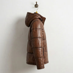 Side profile of Men's Waxed Brown Real Leather Puffer Jacket