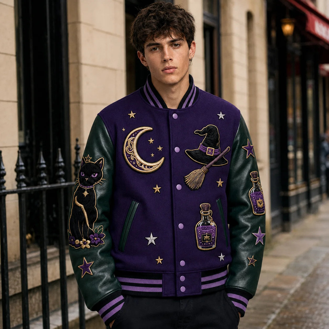 Lifestyle front view of purple Halloween varsity jacket with dark emerald leather sleeves and embroidered witch patches