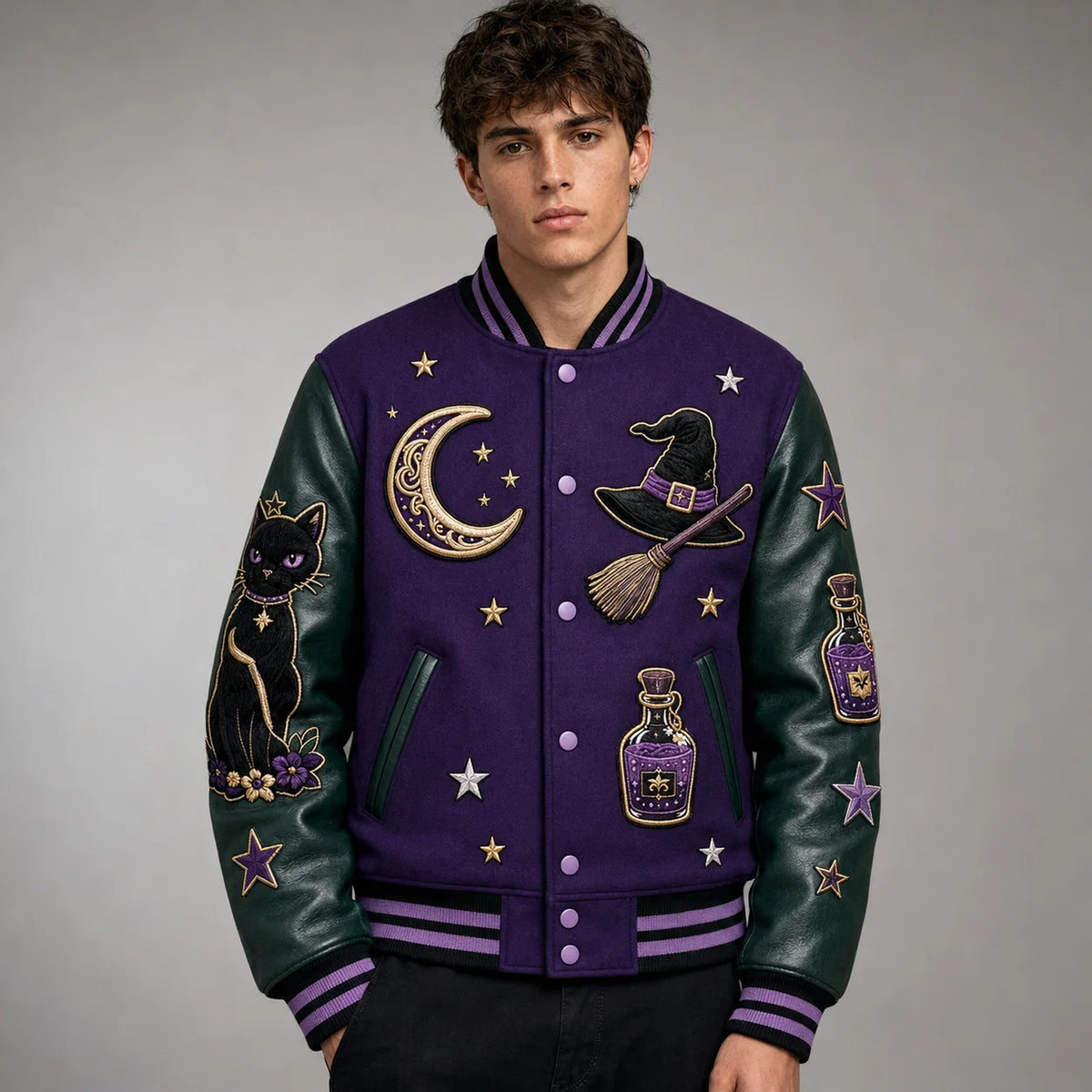 Front studio view of Witching Hour varsity jacket with crescent moon, black cat, witch hat and potion embroidery